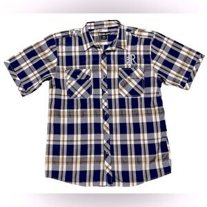Men’s Red Ape Short Sleeve Button-Up Shirt 4XL, Plaid Brown & Blue, Embroidered